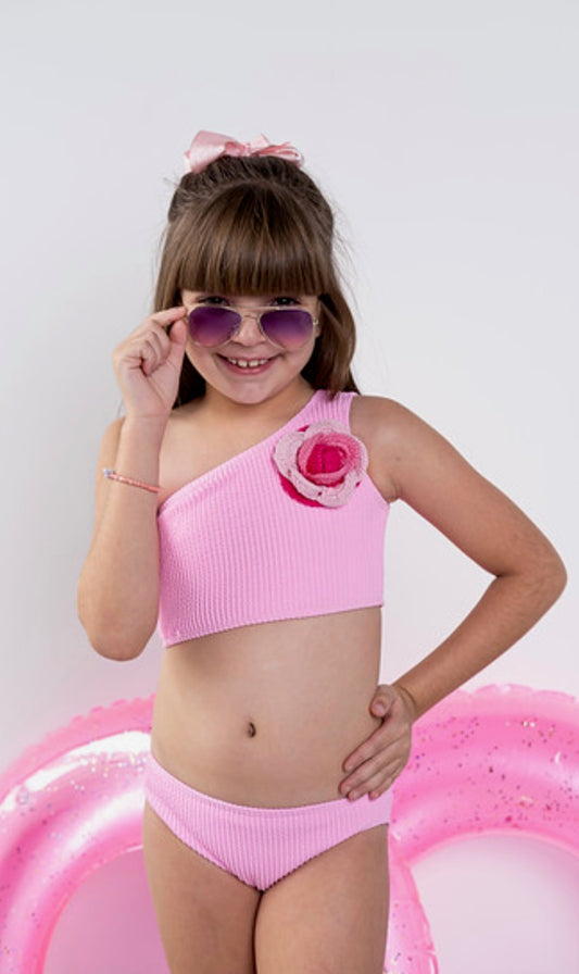 Pink Ribbed Bikini with Flower
