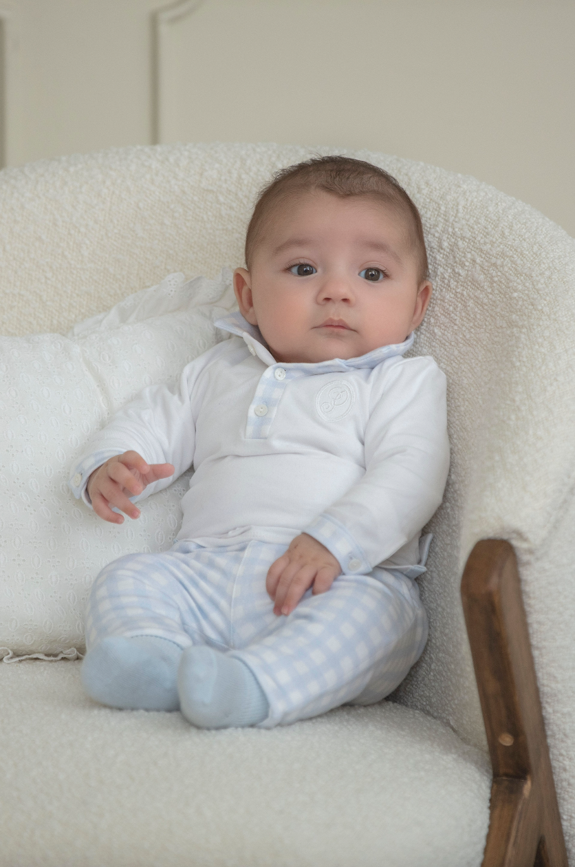 Blue Vichy Knit Pants and White Jersey Polo
