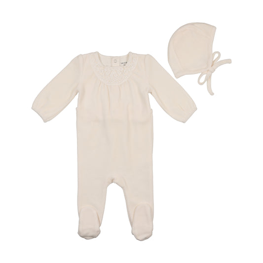 Eyelet Velour Footie with Bonnet