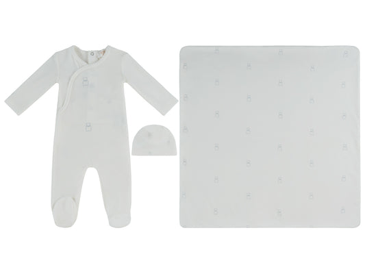 Petit Ours Pattern Footie, Hat, & Blanket