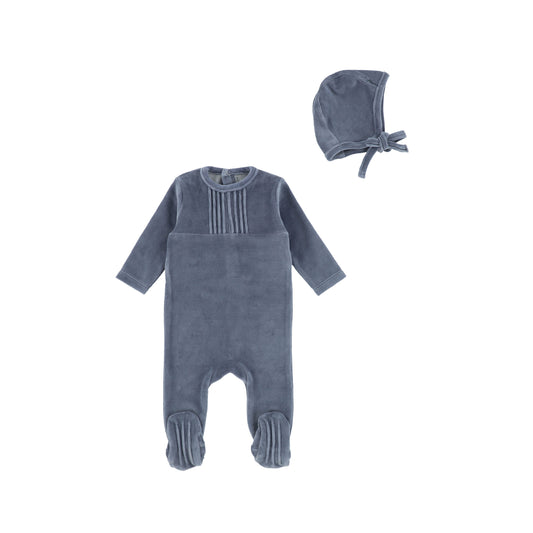 Pleated Design Velour Footie + Bonnet