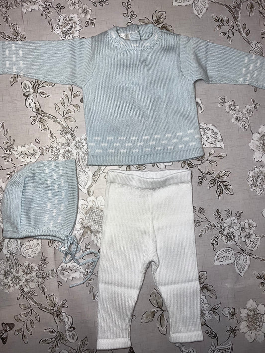 3 PCS KNITTED SET LIGHT BLUE/WHITE