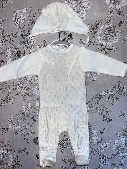 VELOUR IVORY FOOTIE & BONNET W/KNIT